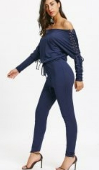 LACE UP OFF THE SHOULDER HIGH WAISTED JUMPSUIT - Picture 2 of 4